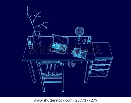 Blue drawing of a desk with a laptop, a vase, a lamp, and a chair. The desk is set up for work or study, with the laptop and papers on the surface. The vase is filled with flowers