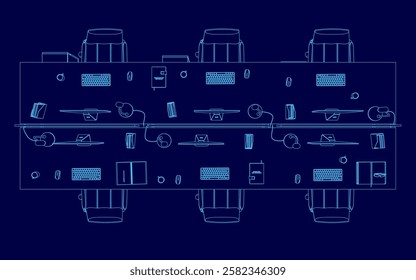 A blue drawing of a desk with several chairs and computer monitors. The chairs are arranged in rows and the desks are filled with computers and other office supplies