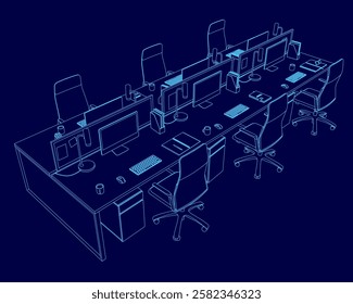 A blue drawing of a desk with several chairs and computer monitors. The chairs are arranged in rows and the desks are filled with computers and other office supplies