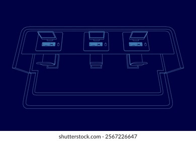 Blue drawing of a desk with three computer monitors and three chairs. The desk is designed to be used for work or study