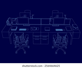 Blue drawing of a desk with two chairs and a computer. The chairs are facing each other and the desk is filled with various items such as a keyboard, mouse, and a laptop