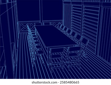 A blue drawing of a dining room with a long table and chairs. The chairs are arranged in rows and the table is surrounded by chairs. Scene is calm and inviting