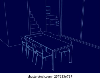 Blue drawing of a dining room with a table and chairs. The chairs are arranged around the table, and there are two staircases in the background