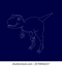 Blue drawing of a dinosaur with its head down and its tail up. The dinosaur is looking at the camera