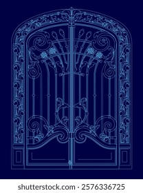 Blue drawing of a door with a lot of detail. The door is ornate and has a lot of intricate designs