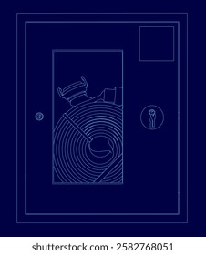 A blue drawing of a door with a fire hose on it. The door has a lock and a keyhole