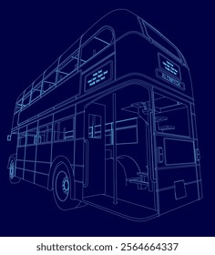 Blue drawing of a double decker bus with the words "The Big Ben" on the back. The bus is shown in a stylized way, with the top deck visible and the bottom deck hidden