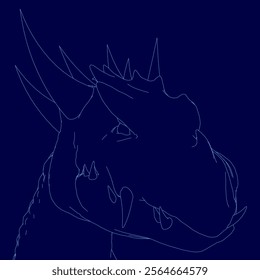 Blue drawing of a dragon with a long tail and a pointed head. The drawing is in blue