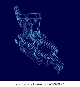 Blue drawing of a drilling rig. The rig is shown in a 3D format, with a blue background. The drawing is of a drilling rig, which is a machine used to drill for oil and gas