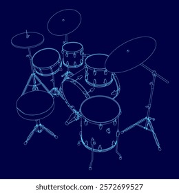 Blue drawing of a drum set with a blue background. The drum set is a full set with a snare drum, bass drum, and a pair of cymbals