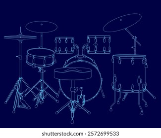 Blue drawing of a drum set with a blue background. The drums are shown in a stylized way, with the snare drum in the center and the bass drum on the right. The cymbals are shown as well