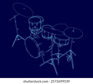 Blue drawing of a drum set with a blue background. The drum set is shown in a stylized way, with the drums and cymbals drawn in a way that emphasizes their shapes and sizes