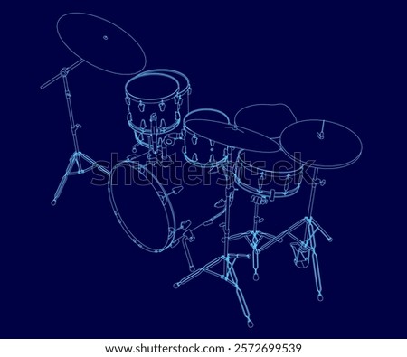 Blue drawing of a drum set with a blue background. The drum set is shown in a stylized way, with the drums and cymbals drawn in a way that emphasizes their shapes and sizes