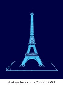 Blue drawing of the Eiffel Tower. The tower is tall and has a pointed top