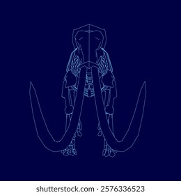 Blue drawing of an elephant's head with a large tusk. The drawing is of a skeleton and the tusk is shown in a blue color