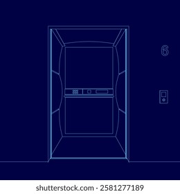 A blue drawing of an empty open elevator