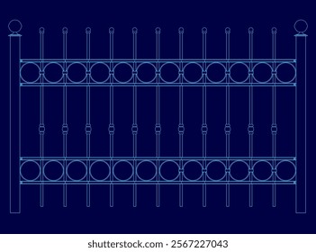 Blue drawing of a fence with a lot of circles on it. The circles are spaced out and are of different sizes