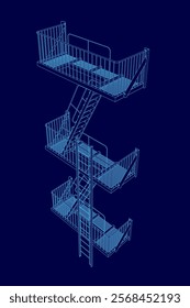 Blue drawing of a fire escape with a ladder. The ladder is on the left side of the image