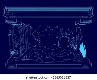 Blue drawing fish tank. Vector illustration