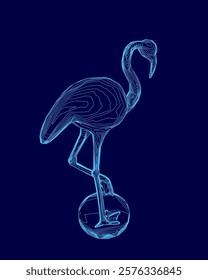 Blue drawing of a flamingo standing on a ball. The image has a whimsical and playful mood, as the flamingo is depicted as a circus performer balancing on a ball