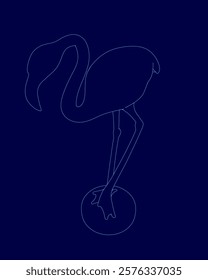 Blue drawing of a flamingo standing on a ball. The drawing is of a stylized bird with a long neck and legs. The flamingo is depicted as if it is about to take a step