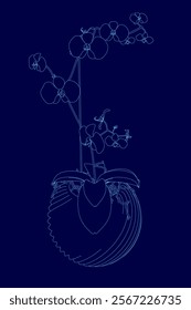 Blue drawing of a flower in a vase. The flower is a large orchid with stem. The vase is also blue and has a curved shape. The drawing is very detailed with the flower