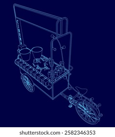 A blue drawing of a food cart with a bicycle wheel. The cart is filled with various items, including a cup, a bowl, and a bottle. The cart is parked on a street