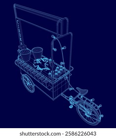 A blue drawing of a food cart with a bicycle. The cart is filled with food