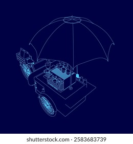 A blue drawing of a food cart with an umbrella over it. The umbrella is large and covers the entire cart