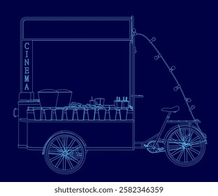 A blue drawing of a food cart with the word Cinema on it. The cart is on a bicycle and has a lot of food inside