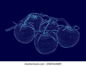 A blue drawing of four tomatoes. The drawing is of a close up of the tomatoes, with the stems visible