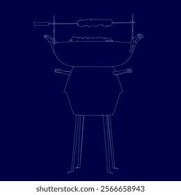 Blue drawing of a grill with a charcoal grill. The grill is in the middle of the image and is surrounded by a blue background