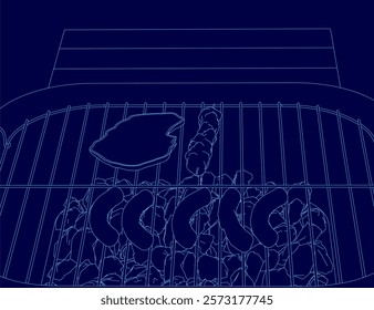 Blue drawing of a grill with food on it. The grill is full of food, including hot dogs and sausages. Scene is casual and relaxed