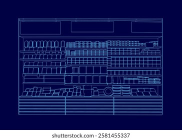 A blue drawing of a grocery store with a blue background. The store is filled with a variety of items, including food and household goods