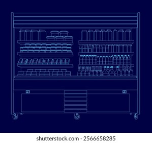 Blue drawing of a grocery store with a lot of food and drinks. Scene is cheerful and inviting, as it shows a variety of items for sale