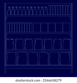 Blue drawing of a grocery store shelf with many items on it. The shelf is filled with various items such as bottles, bags, and boxes. Concept of abundance and variety