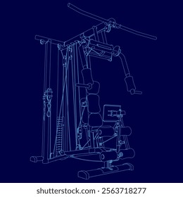 Blue drawing of a gym equipment. The drawing is of a machine that has a lot of parts and is very detailed. Scene is serious and focused