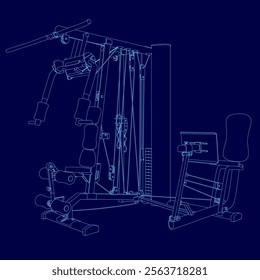 Blue drawing of a gym equipment with a blue outline. The equipment is a multi-functional machine that can be used for various exercises