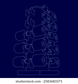 A blue drawing of a gym with a rack of weights. The weights are all different sizes and are stacked on top of each other
