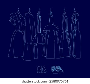 A blue drawing of a hanging dresses and shoes. The drawing is of a group of dresses in a line