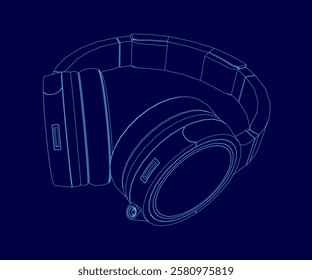 A blue drawing of a headphones outline. The headphones are shown in a close up, with the ear cups and the band clearly visible. The headphones are designed to be comfortable