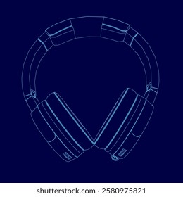 A blue drawing of headphones. The headphones are shown from the front, with the ear cups and the earbuds visible. The headphones are designed to be sleek and modern