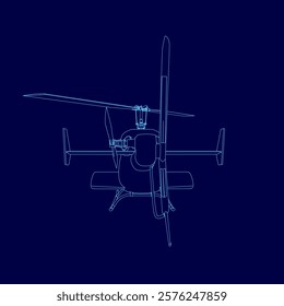 Blue drawing of a helicopter with a propeller. The drawing is in blue and is very detailed