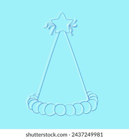 Blue drawing of a holiday cap with a star on top. The cap has a wavy edge and is decorated with three ribbons