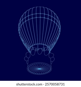 Blue drawing of a hot air balloon. The balloon is in the air and has a crown on top