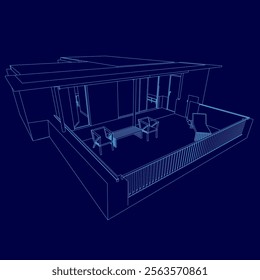 Blue drawing of a house with a patio. The patio has a table and chairs, and a bench