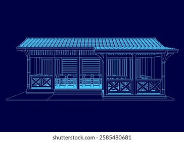 A blue drawing of a house with a porch and a patio. The house is small and has a lot of windows