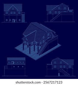 Blue drawing of a house with a staircase. The house is shown in different angles and the staircase is shown in the middle