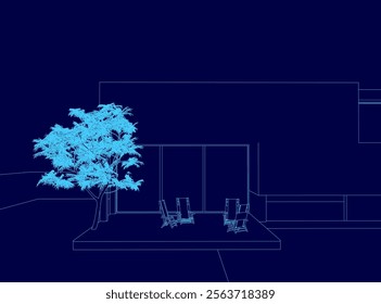 Blue drawing of a house with a tree in front of it. There are two chairs and a bench in front of the house