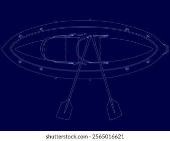 Blue drawing of a inflatable boat with a paddle. The paddle is on the right side of the inflatable boat